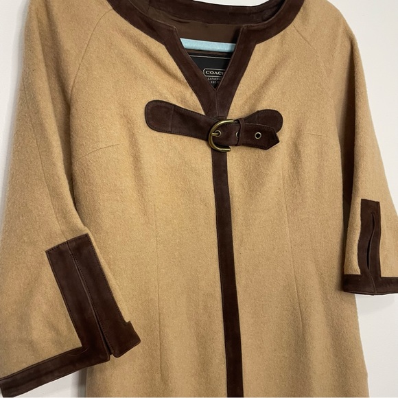 Coach 1941 Brown Camel Fur Trimmed Shift Tent Silk Lined Midi Dress 4 - Picture 2 of 8